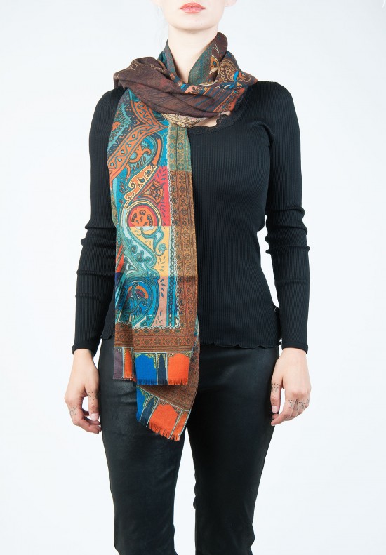 Etro Paisley and Block Scarf in Brown, Orange, Turquoise