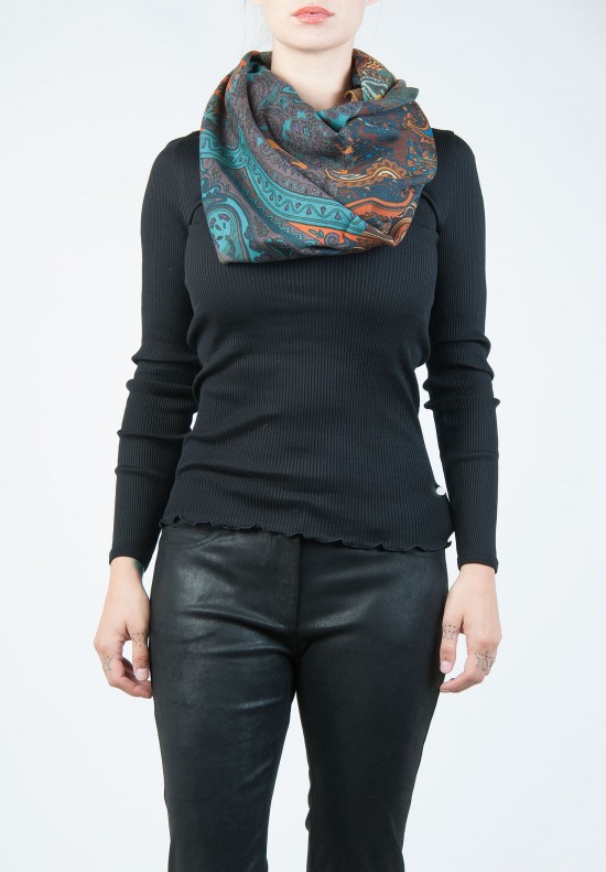 Etro Paisley and Block Scarf in Brown, Orange, Turquoise