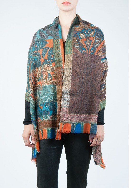 Etro Paisley and Block Scarf in Brown, Orange, Turquoise