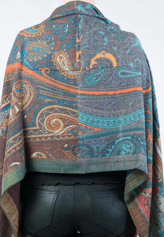 Etro Paisley and Block Scarf in Brown, Orange, Turquoise