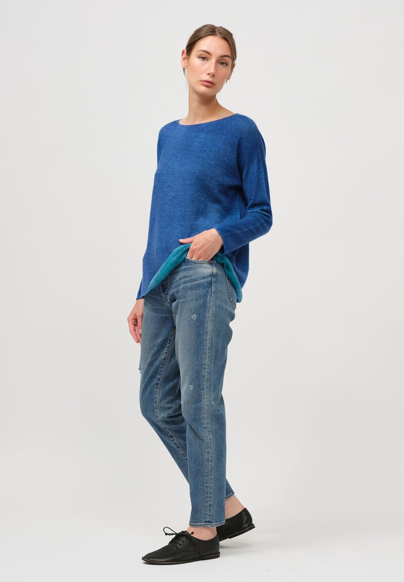 F Cashmere Two Tone Round Neck Bruco Sweater in Navy & Teal	