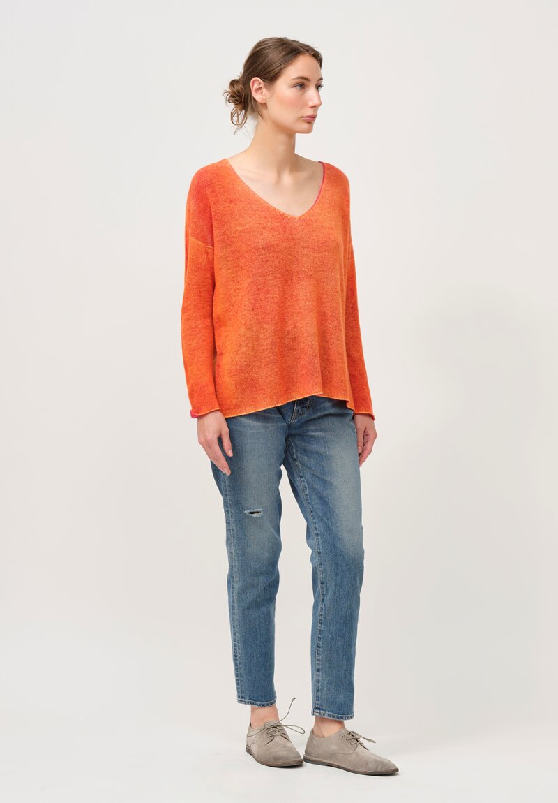 F Cashmere Two Tone V Neck Bruco Sweater in Orange & Red	