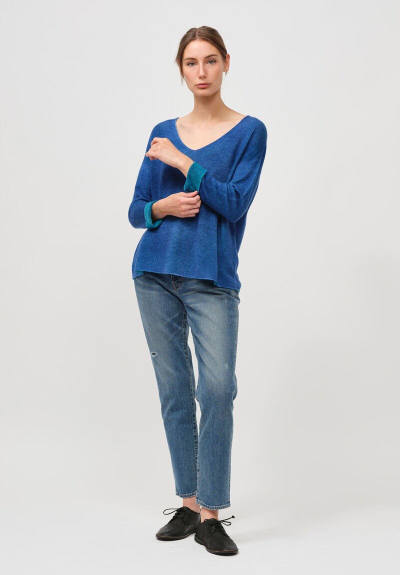 F Cashmere Two Tone V Neck Bruco Sweater in Navy & Teal	