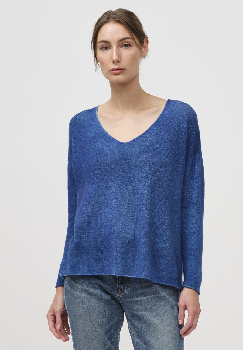 F Cashmere Two Tone V Neck Bruco Sweater in Navy & Teal	