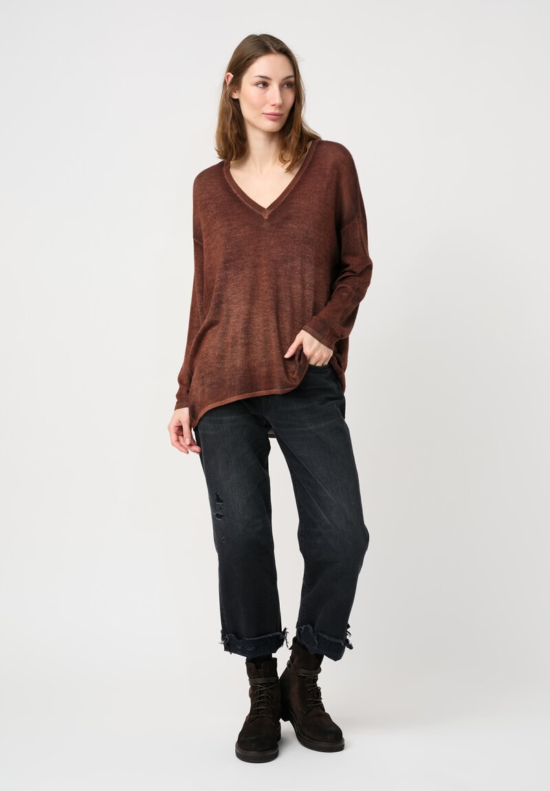 Avant Toi Cashmere & Silk Hand-Painted Maglia V-Neck Sweater in Nero & Cuoio Brown
