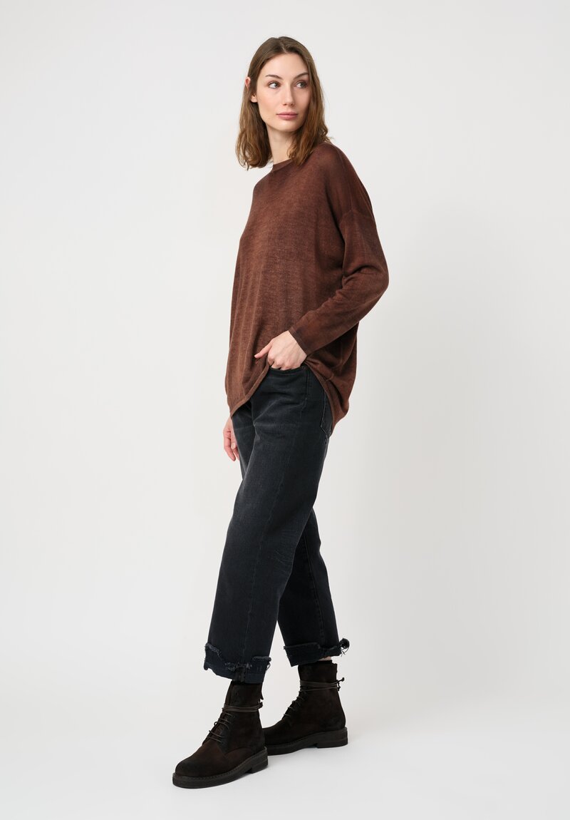Avant Toi Cashmere & Silk Maglia Barchetta Sweater in Nero & Cuoio Brown