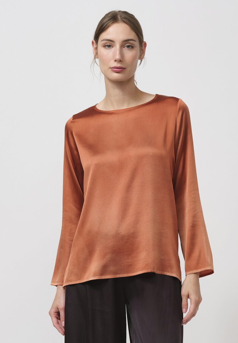 Avant Toi Hand Painted Silk Lunga Barchetta Top in Nero Cuoio Rust	