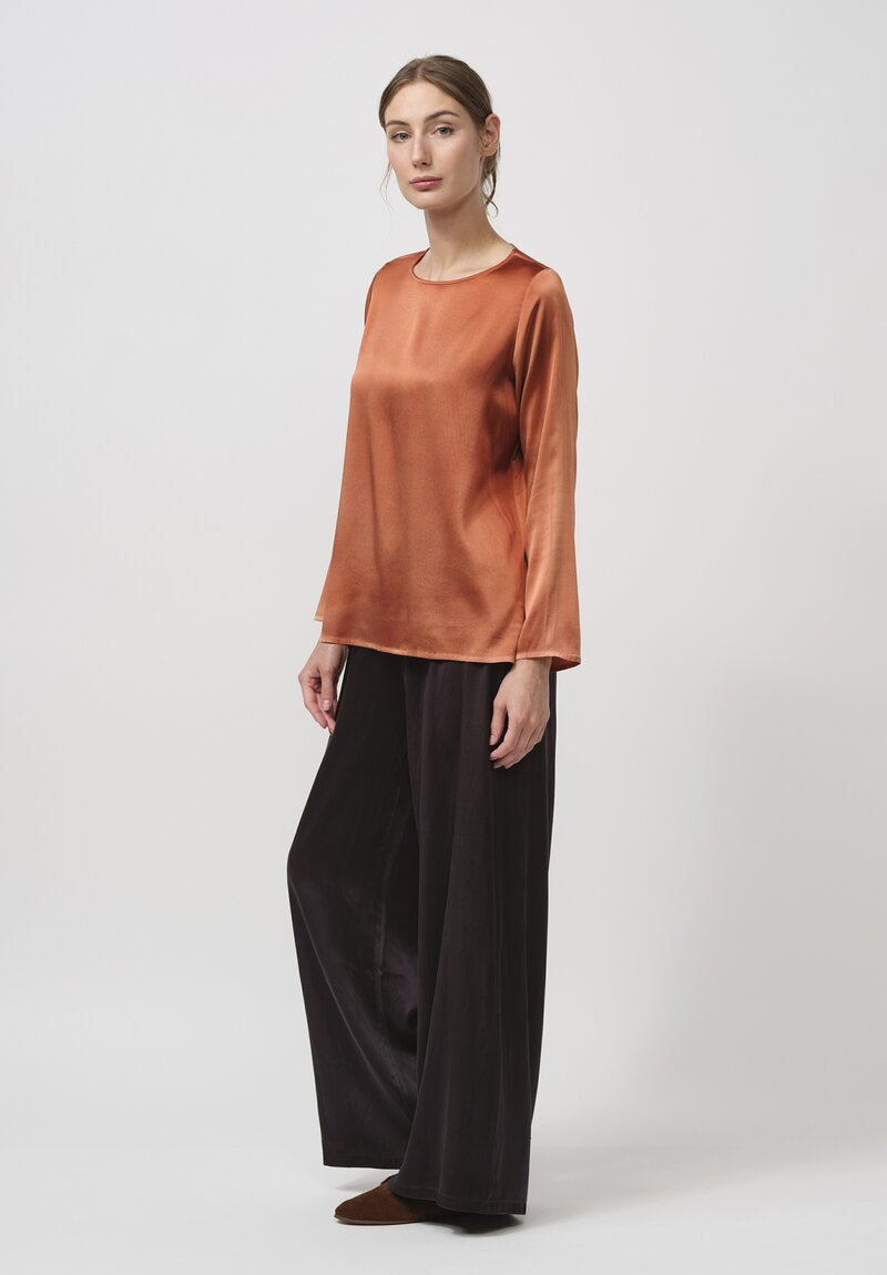 Avant Toi Hand Painted Silk Lunga Barchetta Top in Nero Cuoio Rust	