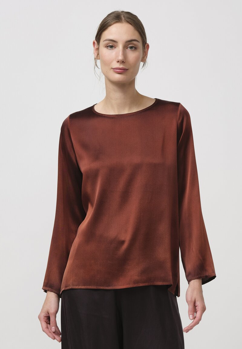 Avant Toi Hand Painted Silk Lunga Barchetta Top in Nero Cuoio Brown	