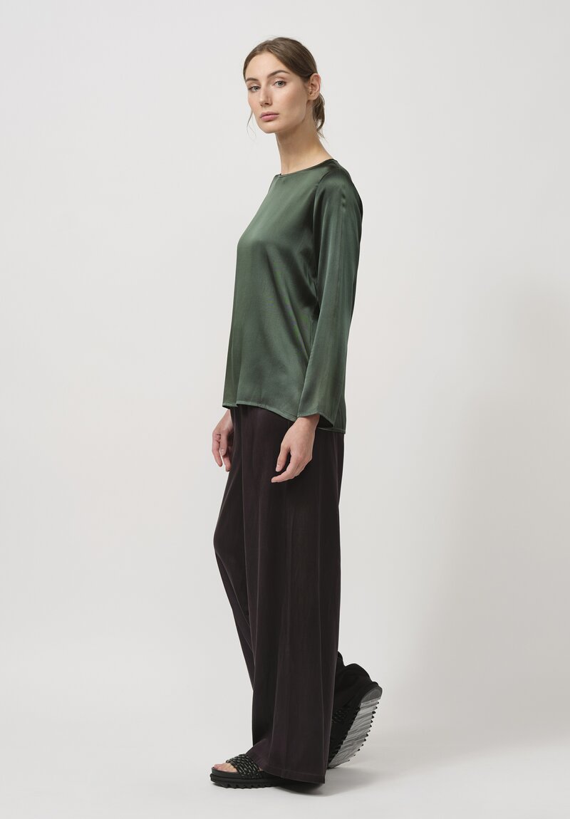 Avant Toi Hand Painted Silk Lunga Barchetta Top in Nero Bosco Green	