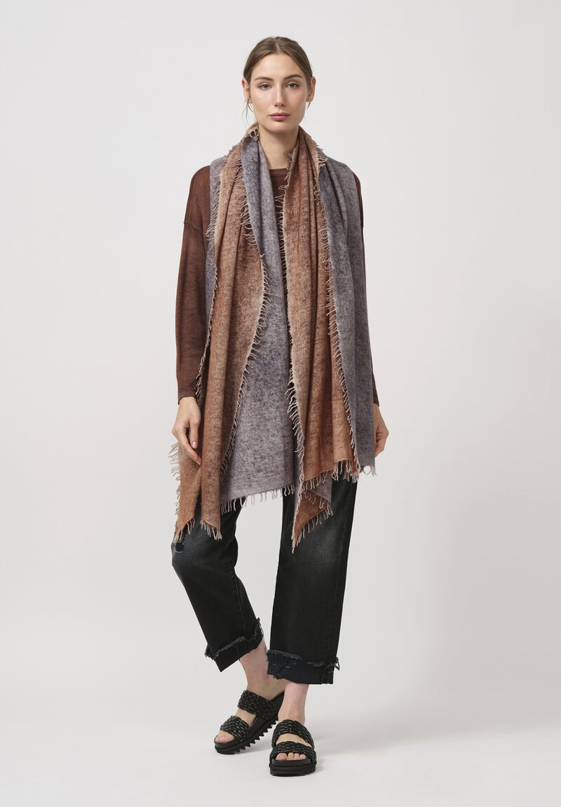 Avant Toi Hand-Painted Cashmere Stola Scarf in Navy Blue & Cuoio Brown	