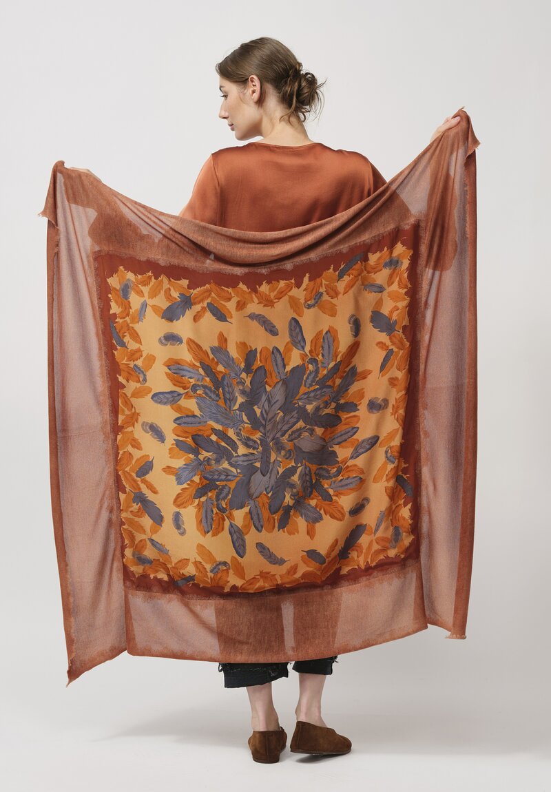 Avant Toi Cashmere & Washed Silk Quadrello 'One of a Kind' Scarf in Cuoio Peach & Blue	