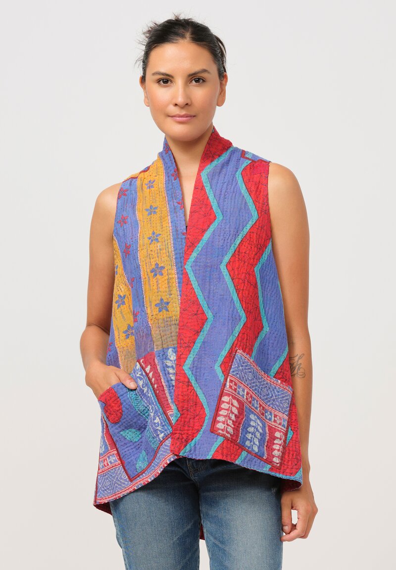 Mieko Mintz 4-Layer Vintage Cotton A-Line Short Vest in Purple, Red & Yellow	