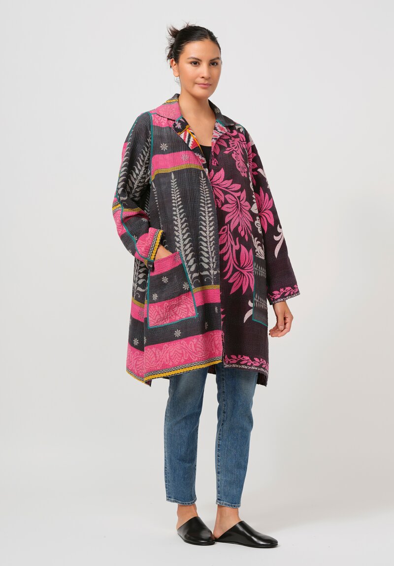 Mieko Mintz 4-Layer Vintage Cotton A-Line Duster Jacket in Brown, Pink & Yellow	