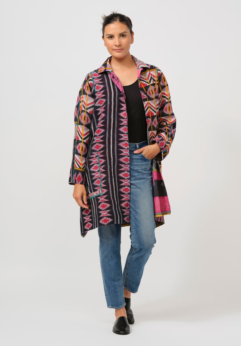 Mieko Mintz 4-Layer Vintage Cotton A-Line Duster Jacket in Brown, Pink & Yellow	