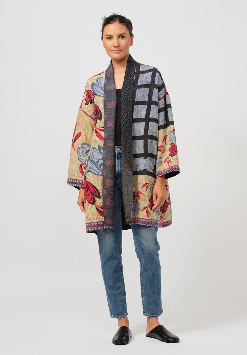 Mieko Mintz Vintage Cotton Kantha Haori Jacket in Natural, Blue, Black & Red	
