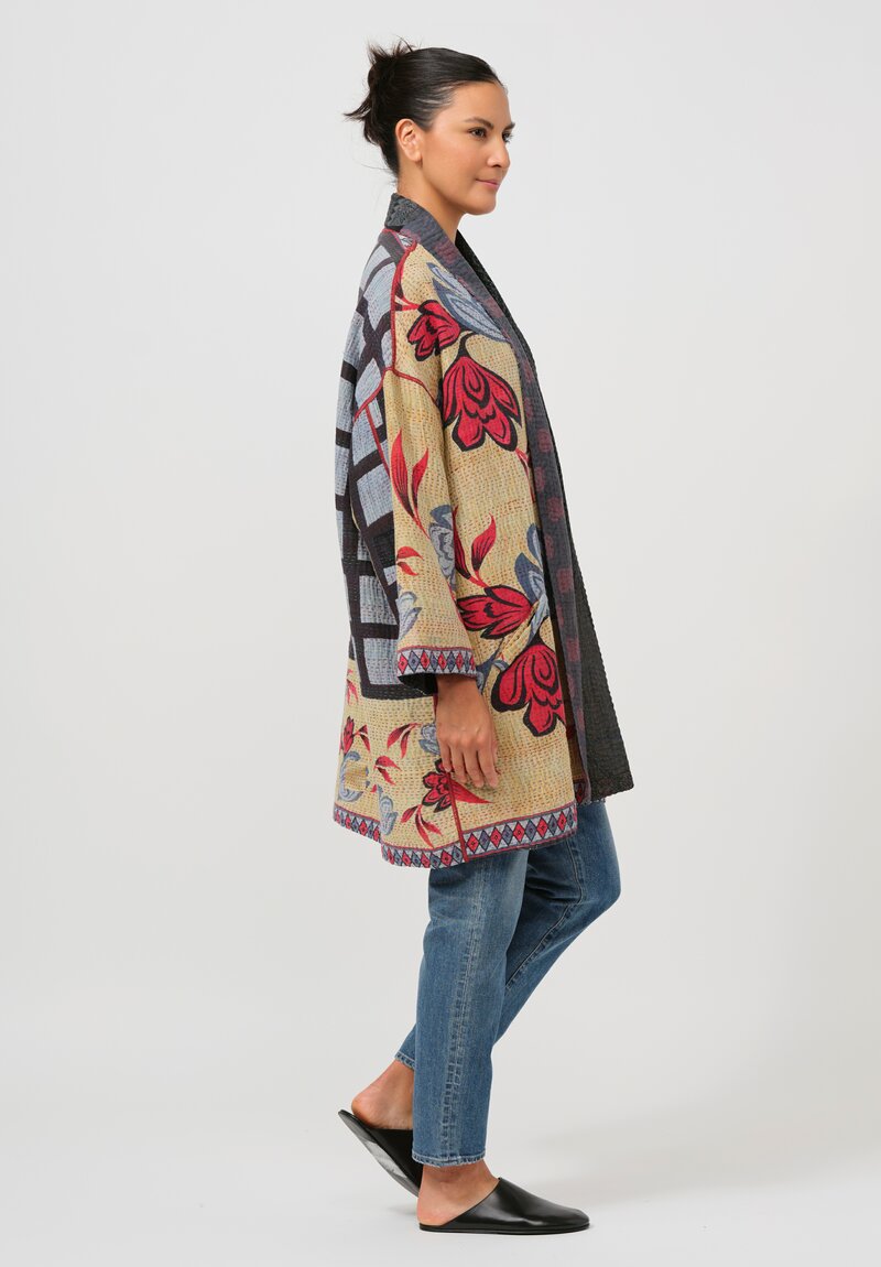 Mieko Mintz Vintage Cotton Kantha Haori Jacket in Natural, Blue, Black & Red	