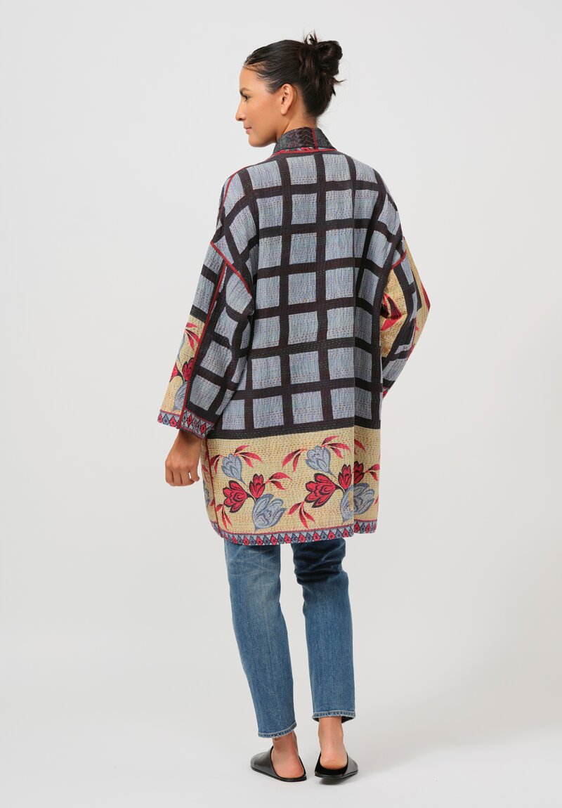 Mieko Mintz Vintage Cotton Kantha Haori Jacket in Natural, Blue, Black & Red	