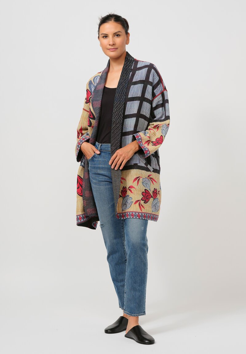 Mieko Mintz Vintage Cotton Kantha Haori Jacket in Natural, Blue, Black & Red	
