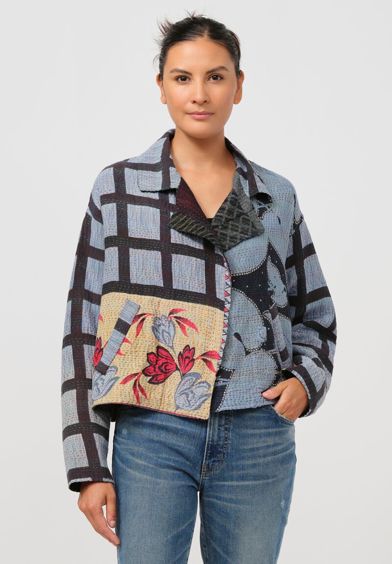 Mieko Mintz Cotton Kantha Lapeled Short Jacket in Blue, Natural, Red & Brown