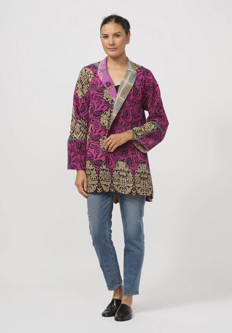 Mieko Mintz Vintage Cotton Kantha Flare Coat in Purple, Natural & Blue	