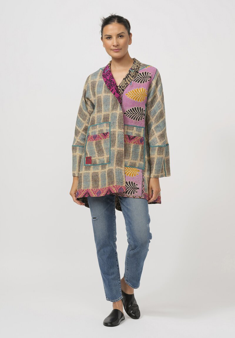 Mieko Mintz Vintage Cotton Kantha Flare Coat in Purple, Natural & Blue	