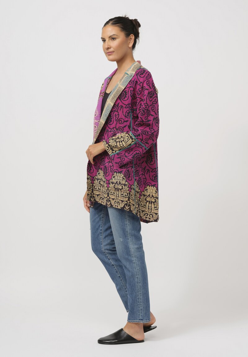 Mieko Mintz Vintage Cotton Kantha Flare Coat in Purple, Natural & Blue	