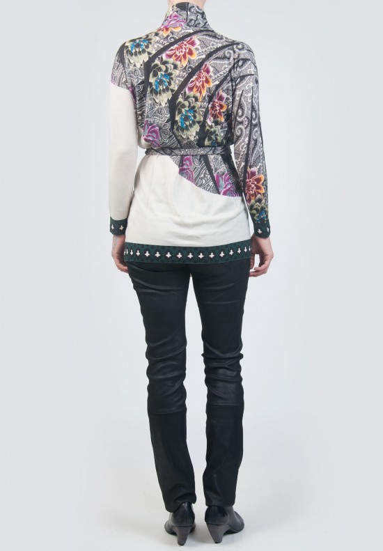 Etro Silk and Cashmere Cardigan with Belt in White with Pattern