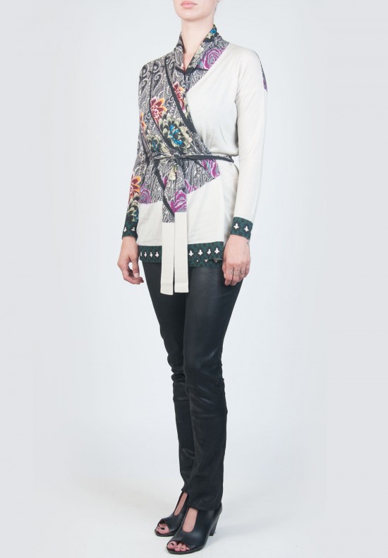 Etro Silk and Cashmere Cardigan with Belt in White with Pattern