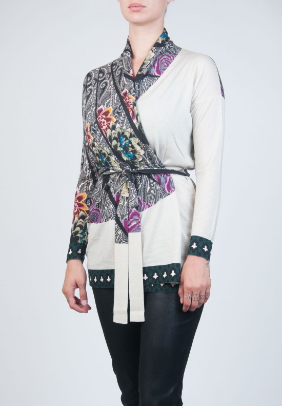 Etro Silk and Cashmere Cardigan with Belt in White with Pattern