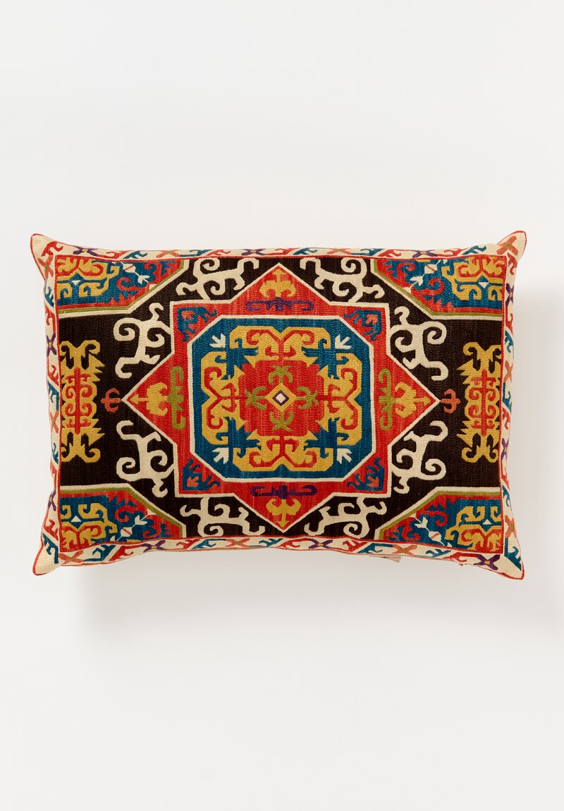 Mehmet Cetinkaya Embroidered Pillow in Dark Brown, Blue & Red	