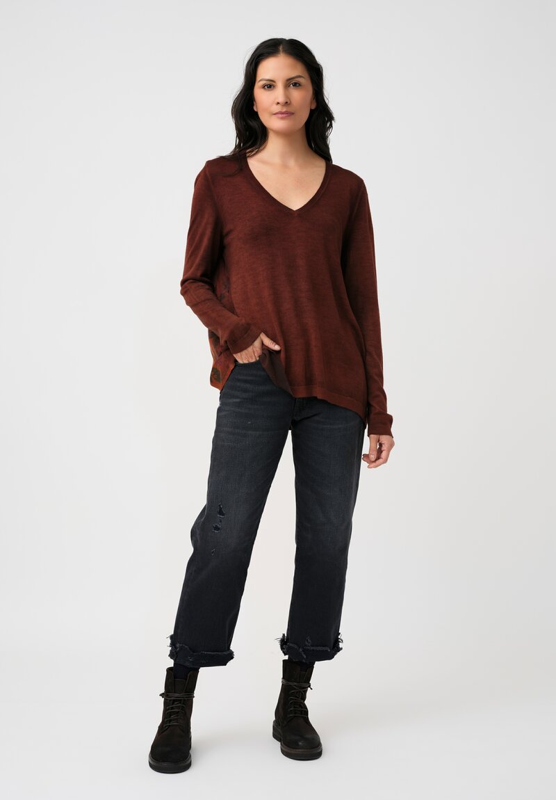 Avant Toi Cashmere & Vintage Silk One-of-a-Kind V-Neck Sweater in Cuoio Brown Deco