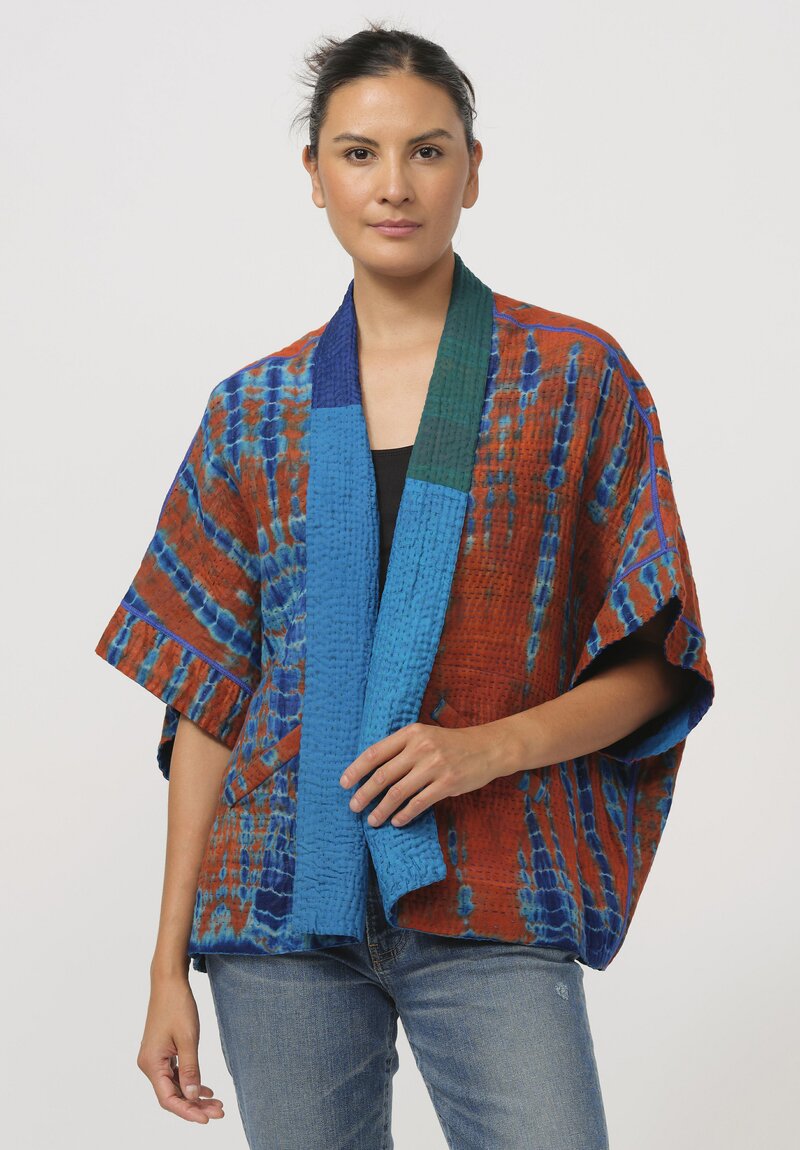 Mieko Mintz Shibori Tie Dye Mini Poncho in Navy Blue & Orange I