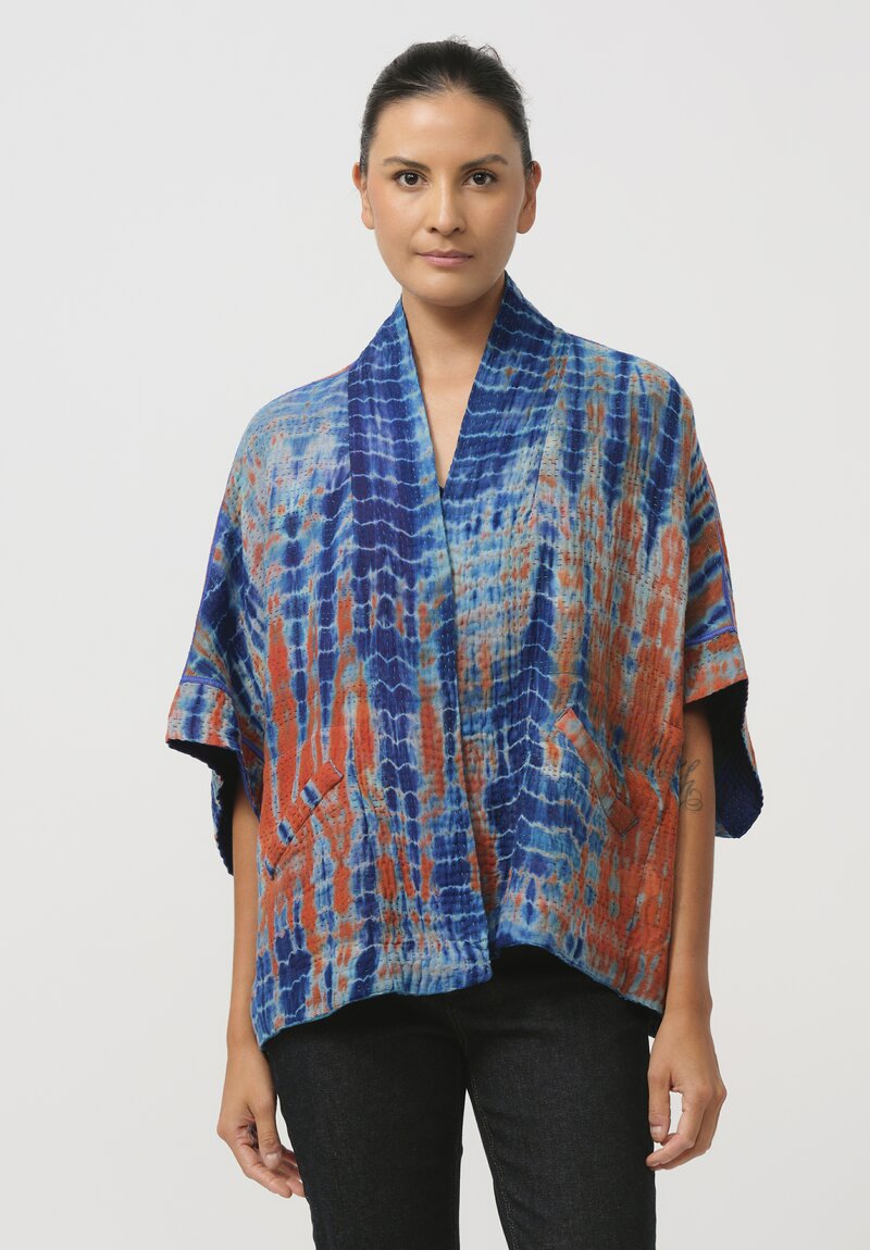 Mieko Mintz Shibori Tie Dye Mini Poncho in Navy Blue & Orange I	