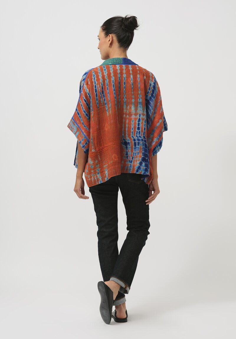 Mieko Mintz Shibori Tie Dye Mini Poncho in Navy Blue & Orange I	