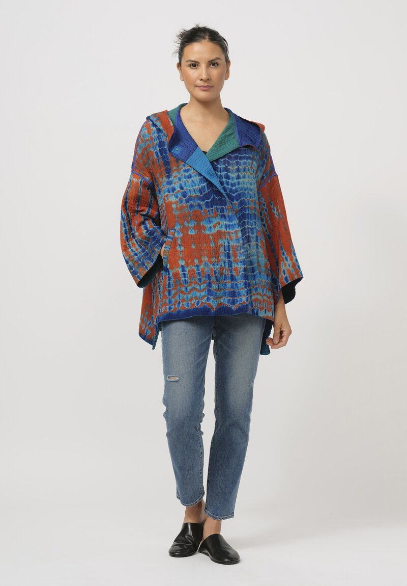 Mieko Mintz Shibori Tie Dye Hooded Poncho in Navy Blue & Orange II	