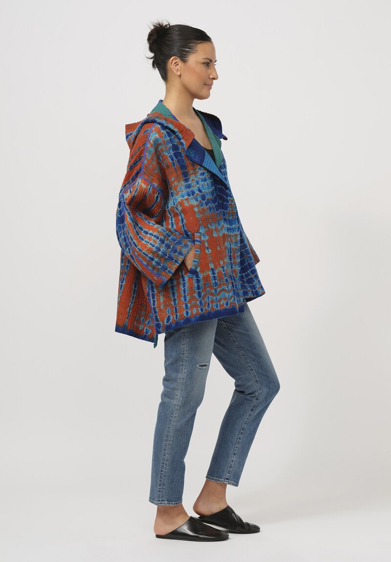 Mieko Mintz Shibori Tie Dye Hooded Poncho in Navy Blue & Orange II	