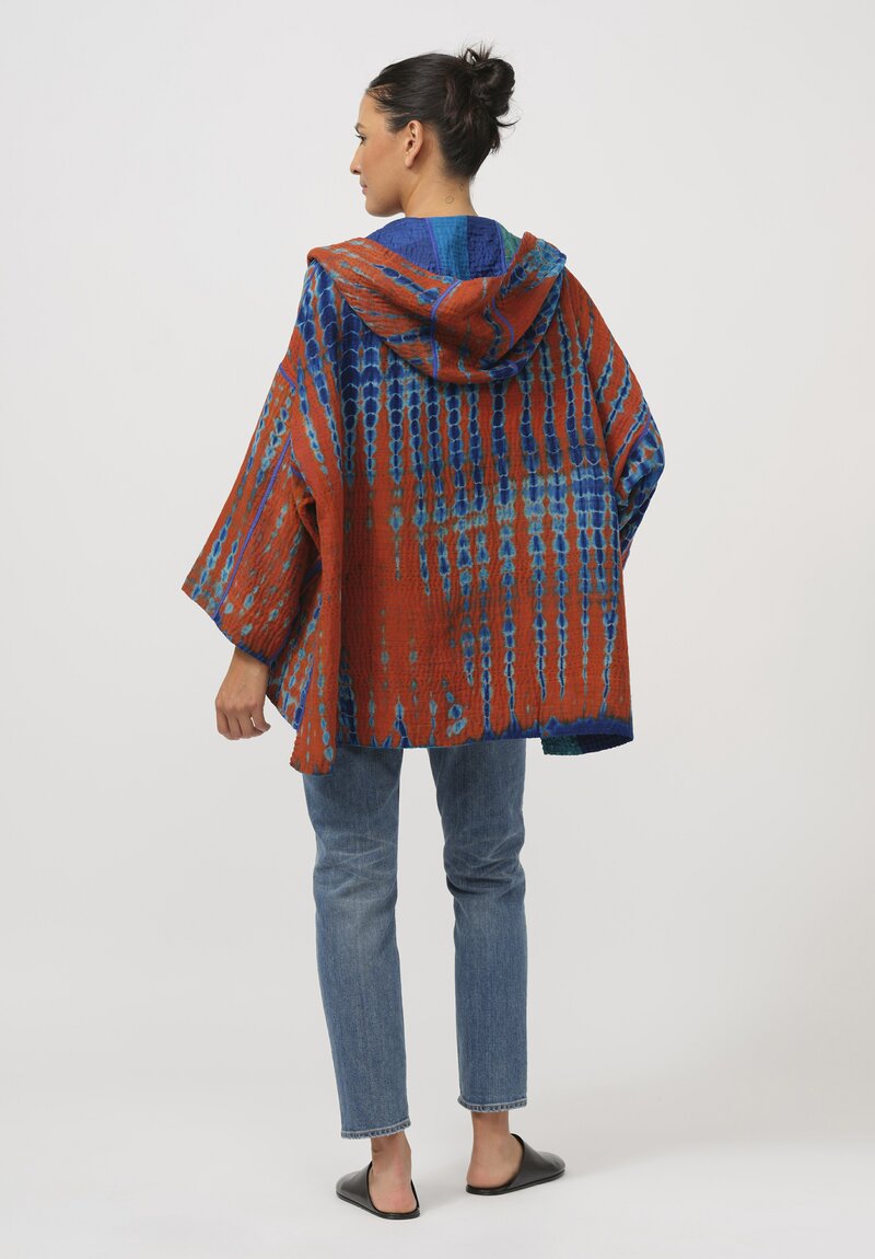 Mieko Mintz Shibori Tie Dye Hooded Poncho in Navy Blue & Orange II	