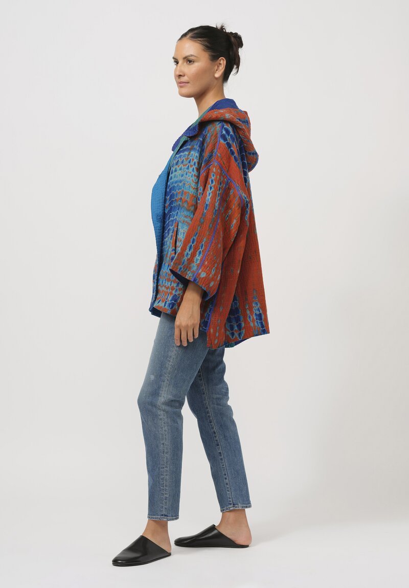 Mieko Mintz Shibori Tie Dye Hooded Poncho in Navy Blue & Orange II	