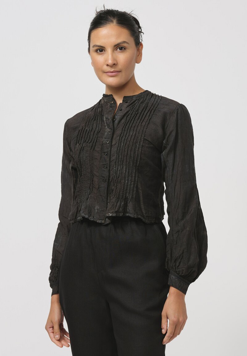 Kaval Linen & Silk Pintuck Blouse in Ash Glaze Black	