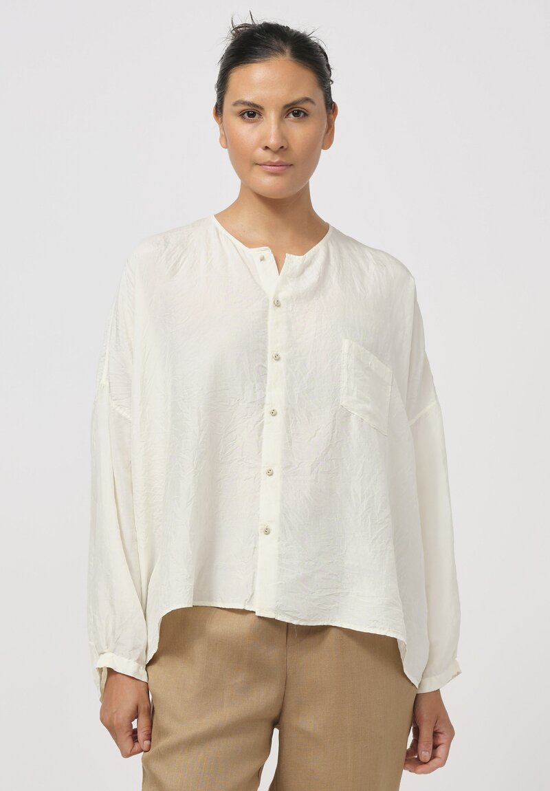 Kaval Khadi Silk Relaxed Collarless Shirt in Off White	