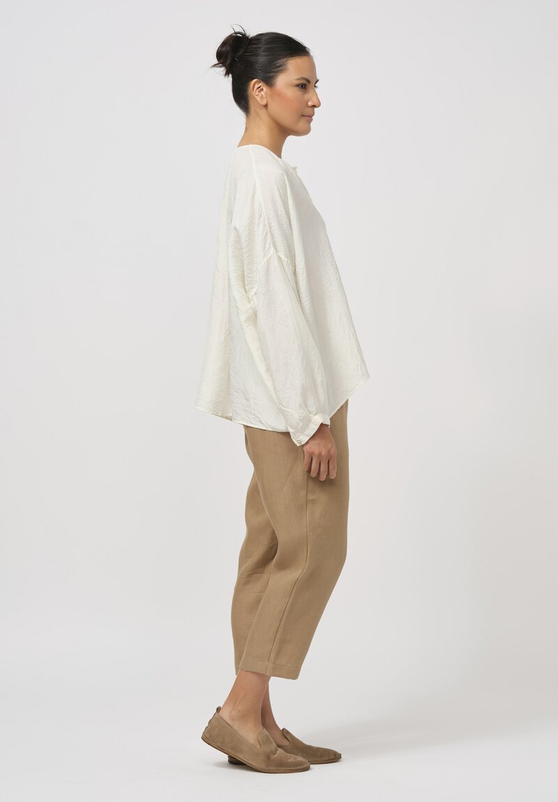 Kaval Khadi Silk Relaxed Collarless Shirt in Off White	