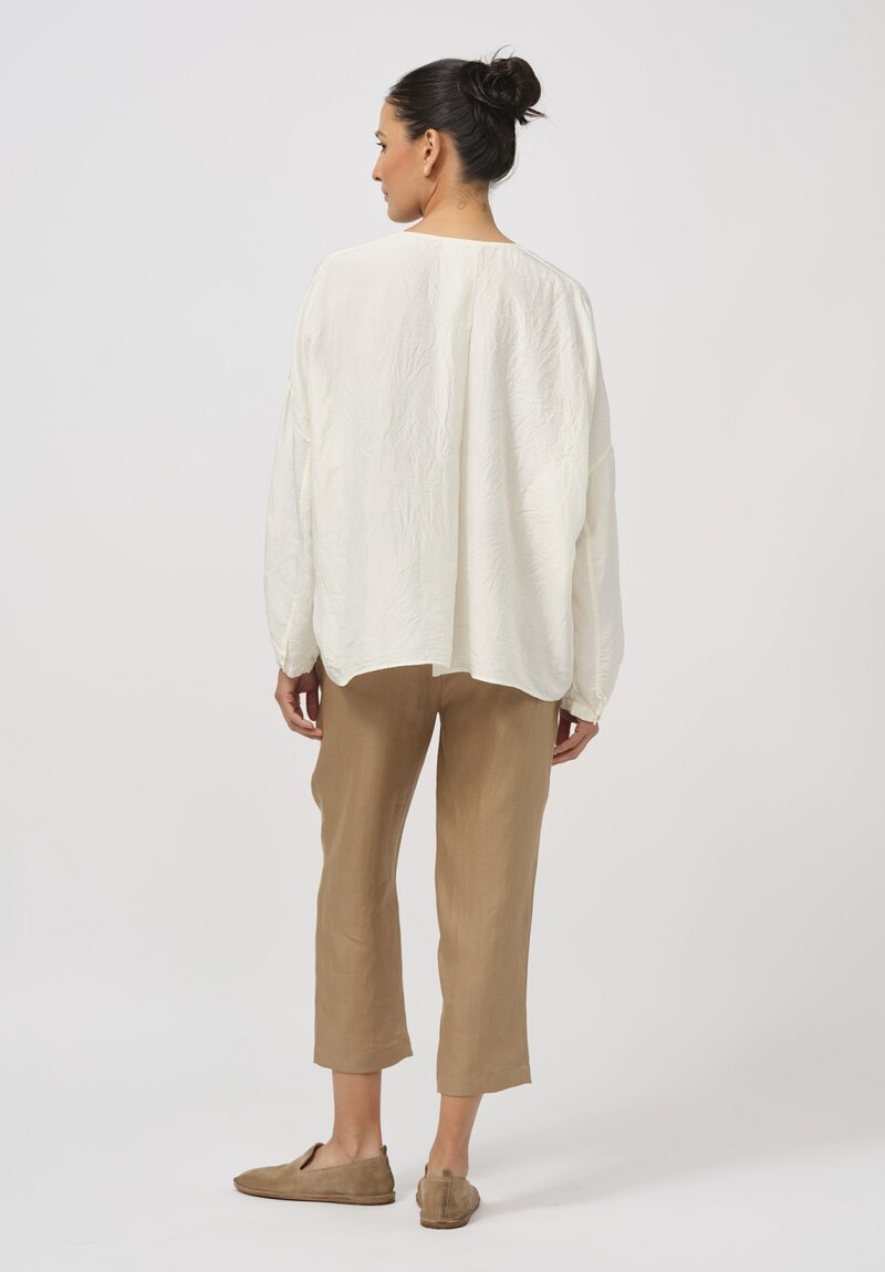 Kaval Khadi Silk Relaxed Collarless Shirt in Off White	