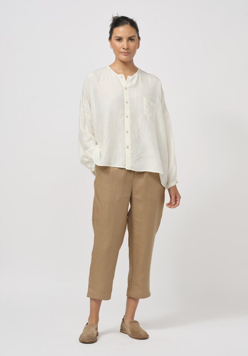 Kaval Khadi Silk Relaxed Collarless Shirt in Off White	