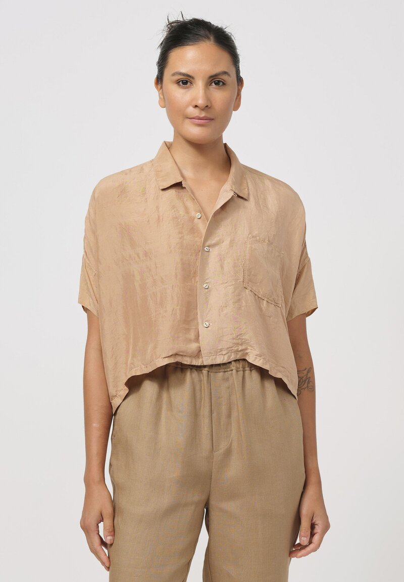 Kaval Khadi Silk Aloha Short Shirt in Loquat Leaves Pink	