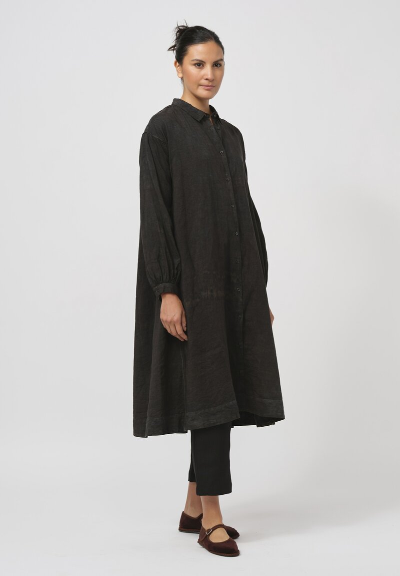 Kaval High-Count Linen Gathered Back Tunic in Ash Glaze Black	