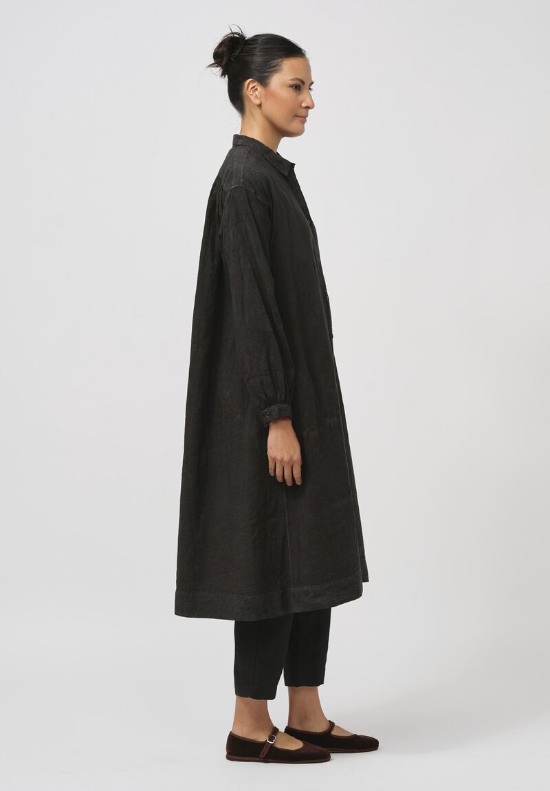 Kaval High-Count Linen Gathered Back Tunic in Ash Glaze Black	