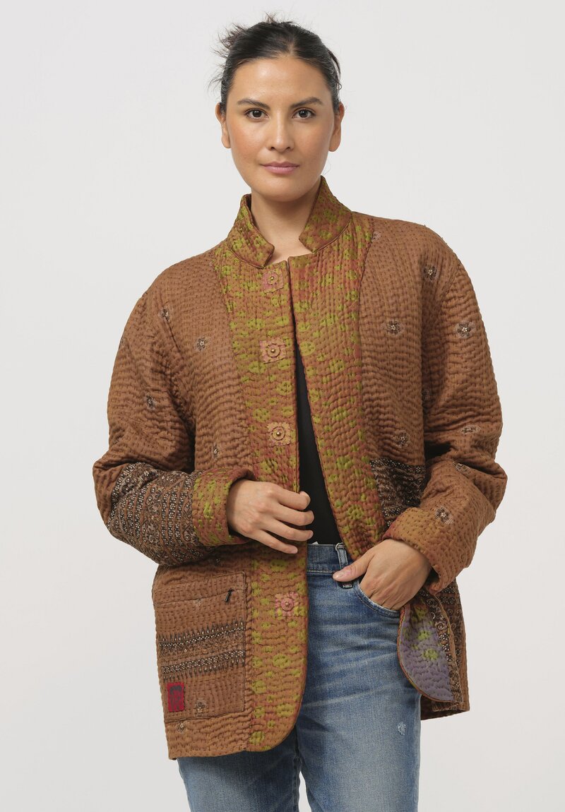 Mieko Mintz Jacquard Kantha Simple Jacket in Chartreuse & Orange	