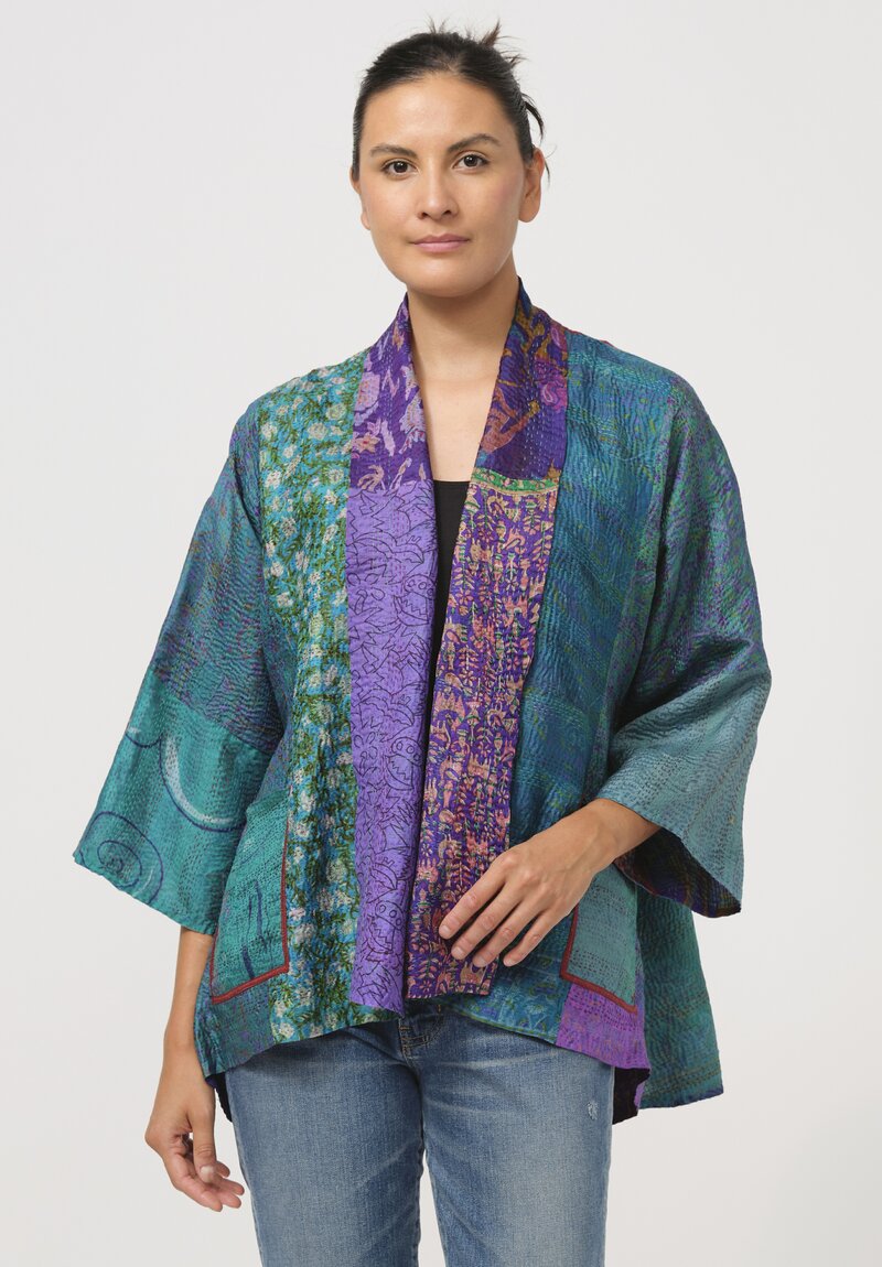 Mieko Mintz Vintage Silk Kimono Jacket in Teal & Purple	