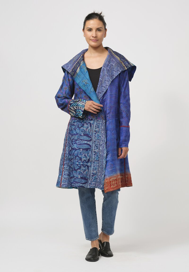 Mieko Mintz Vintage Silk Kantha Long A-Line Jacket in Navy Blue & Turquoise	